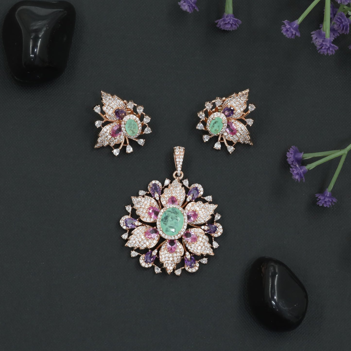 Pendant Set with Leaf Petal Floral Composition