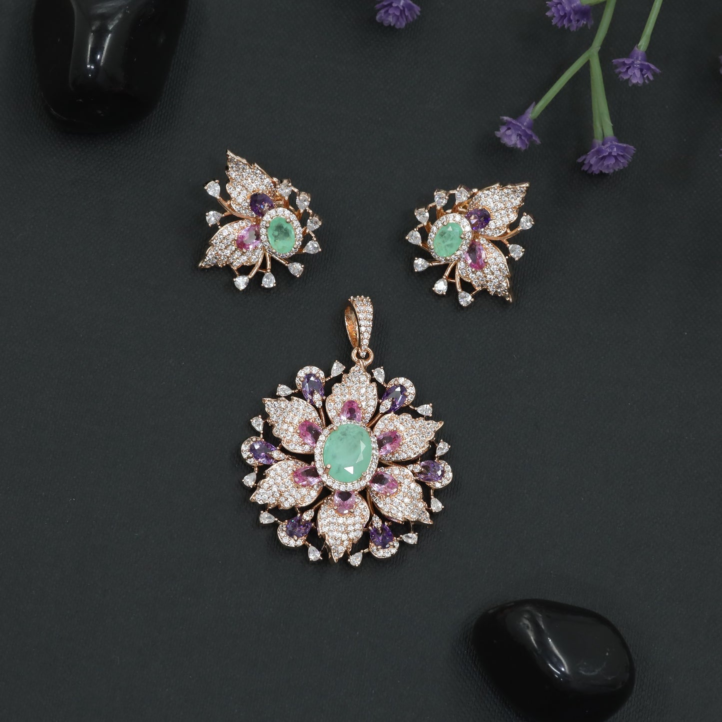 Pendant Set with Leaf Petal Floral Composition