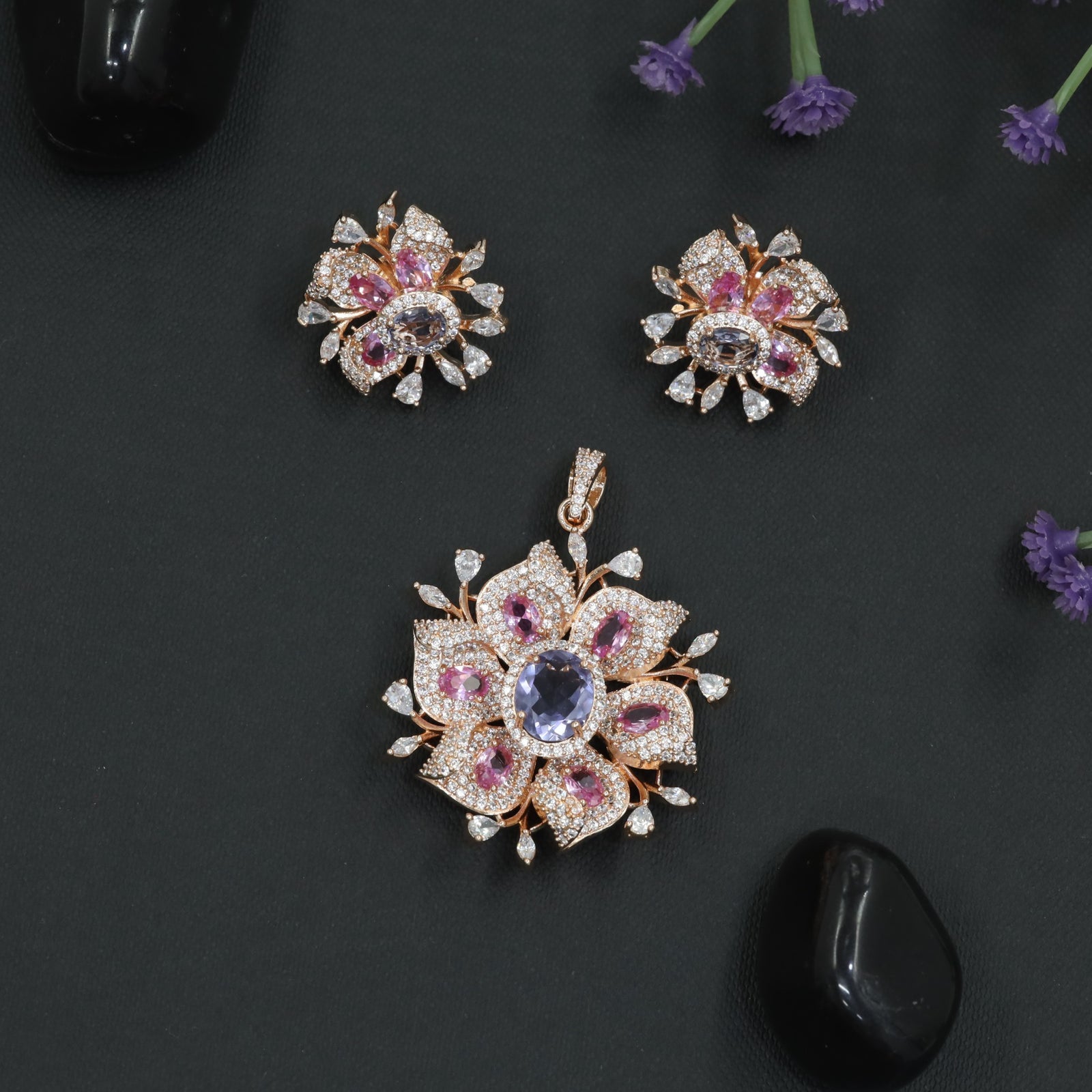Rose Gold Floral Pendant Set with Openwork Petal Styling
