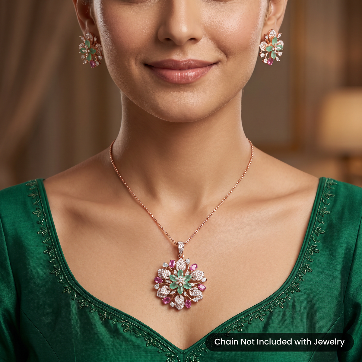 Rose Gold Floral Pendant Set with Openwork Petal Styling