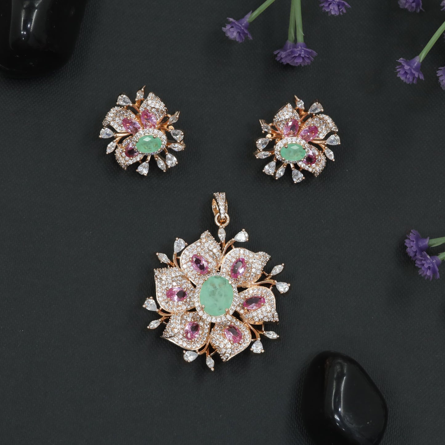 Rose Gold Floral Pendant Set with Openwork Petal Styling