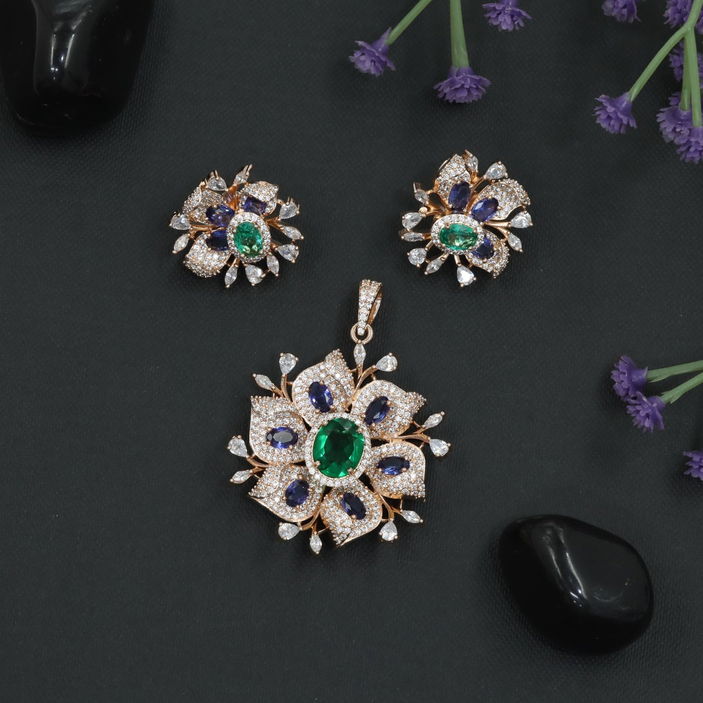 Rose Gold Floral Pendant Set with Openwork Petal Styling