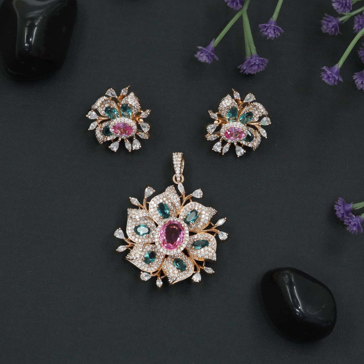 Rose Gold Floral Pendant Set with Openwork Petal Styling