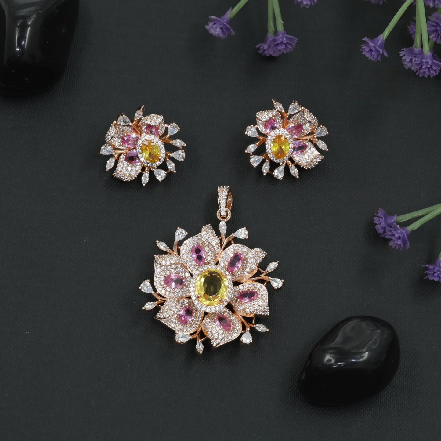 Rose Gold Floral Pendant Set with Openwork Petal Styling