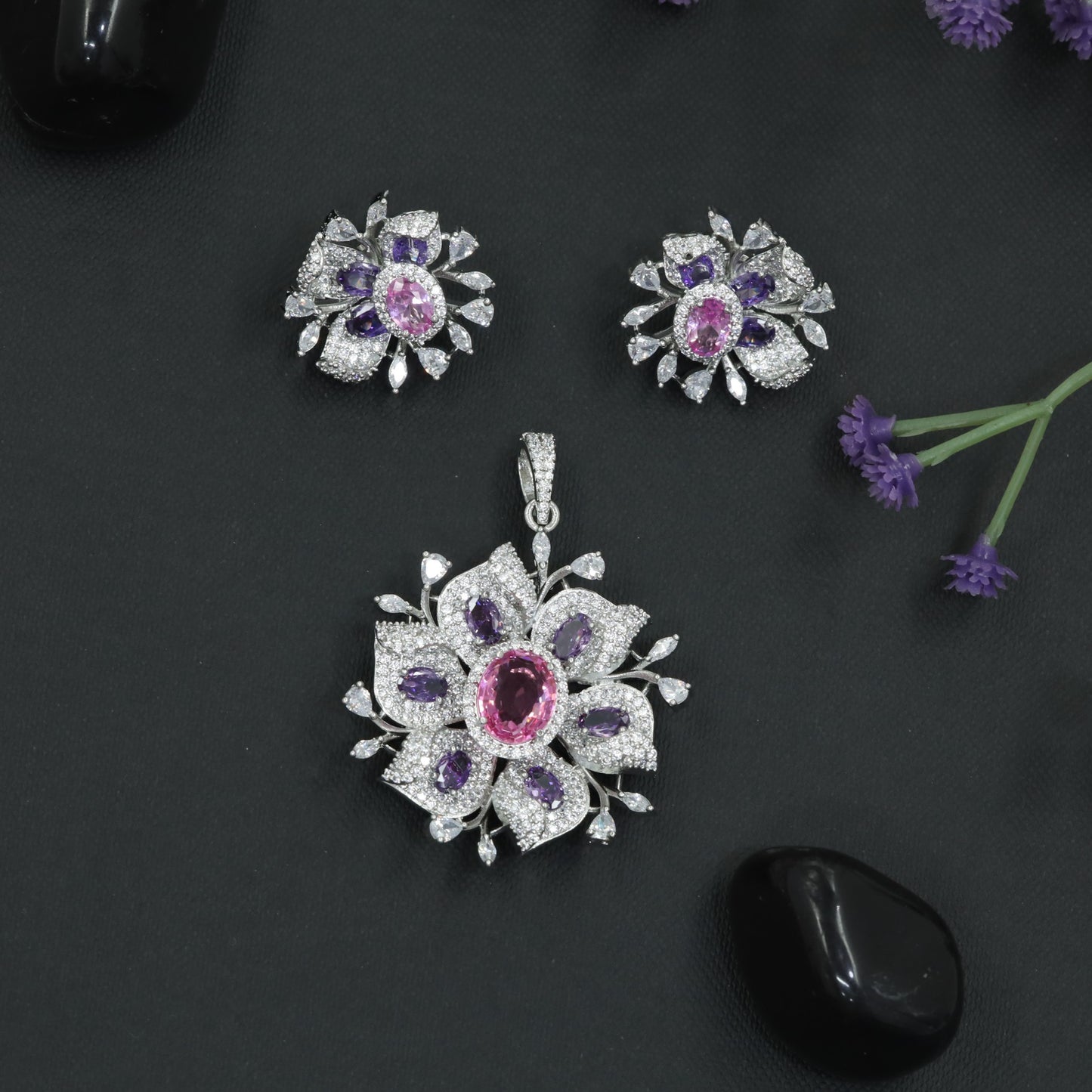 Rose Gold Floral Pendant Set with Openwork Petal Styling