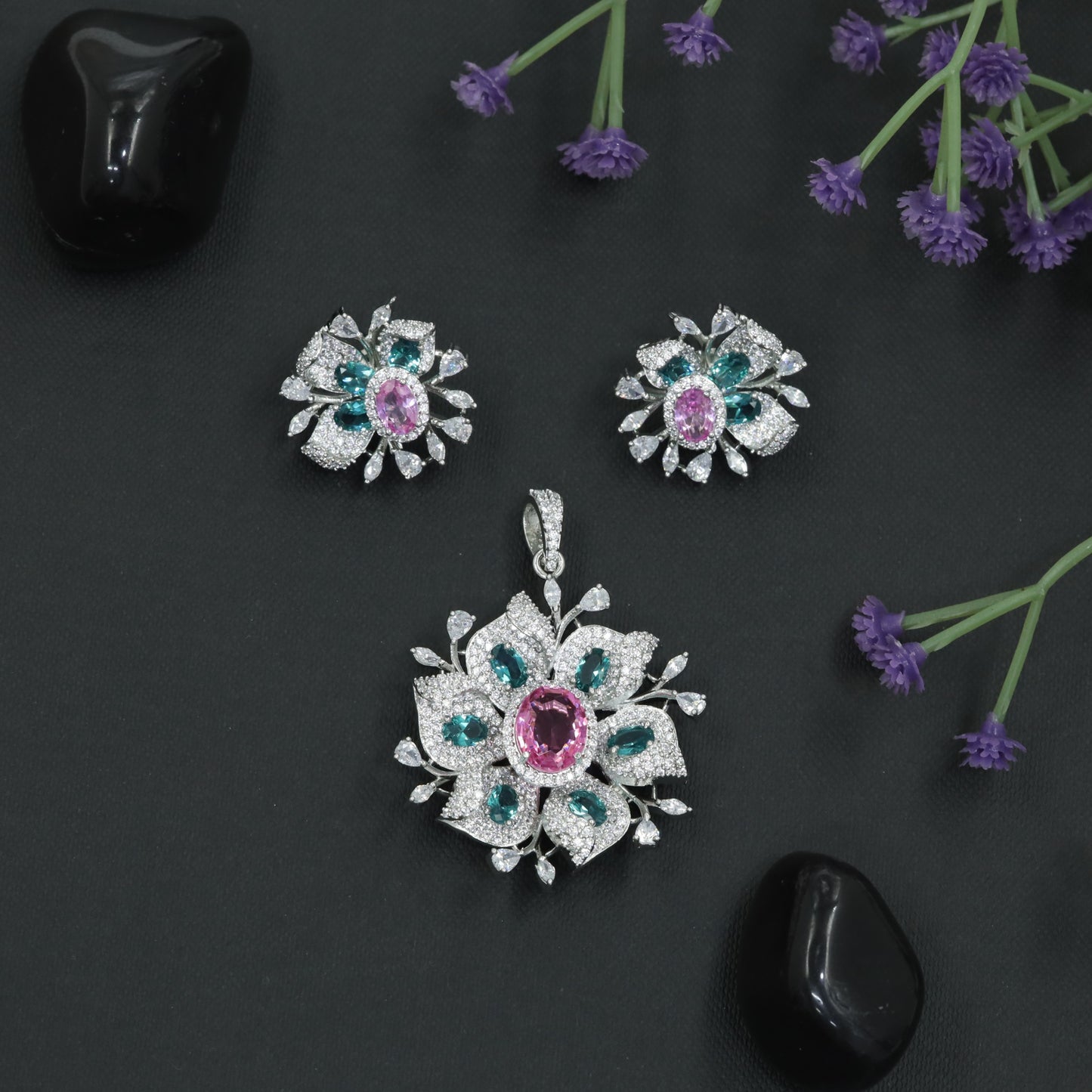 Rose Gold Floral Pendant Set with Openwork Petal Styling