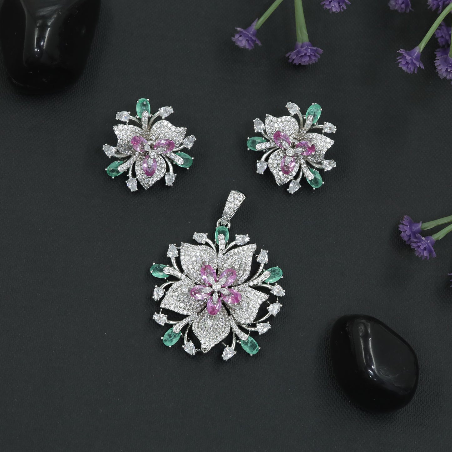 Layered Lily Bloom Pendant Set with Crystal Petal Design
