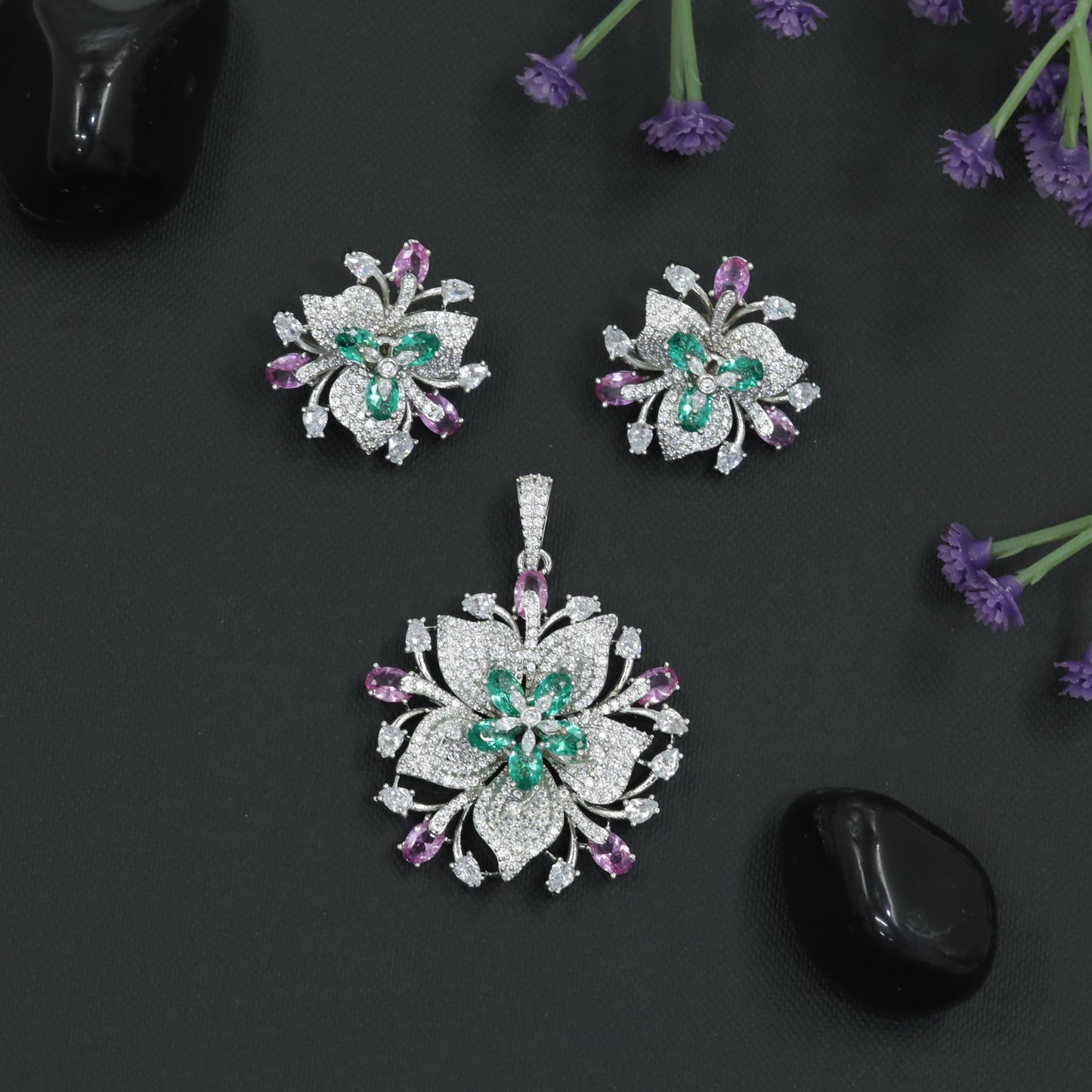 Layered Lily Bloom Pendant Set with Crystal Petal Design