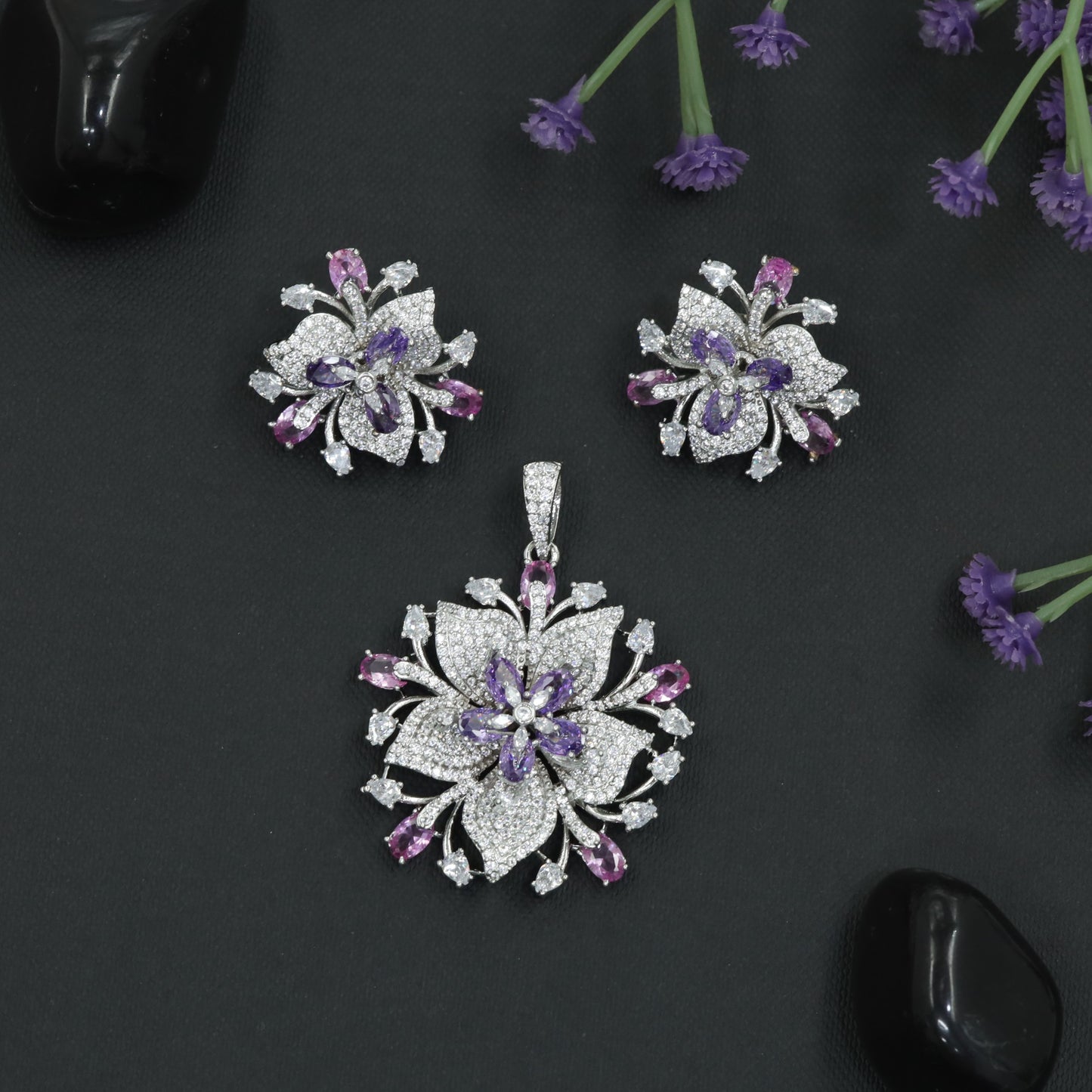 Layered Lily Bloom Pendant Set with Crystal Petal Design