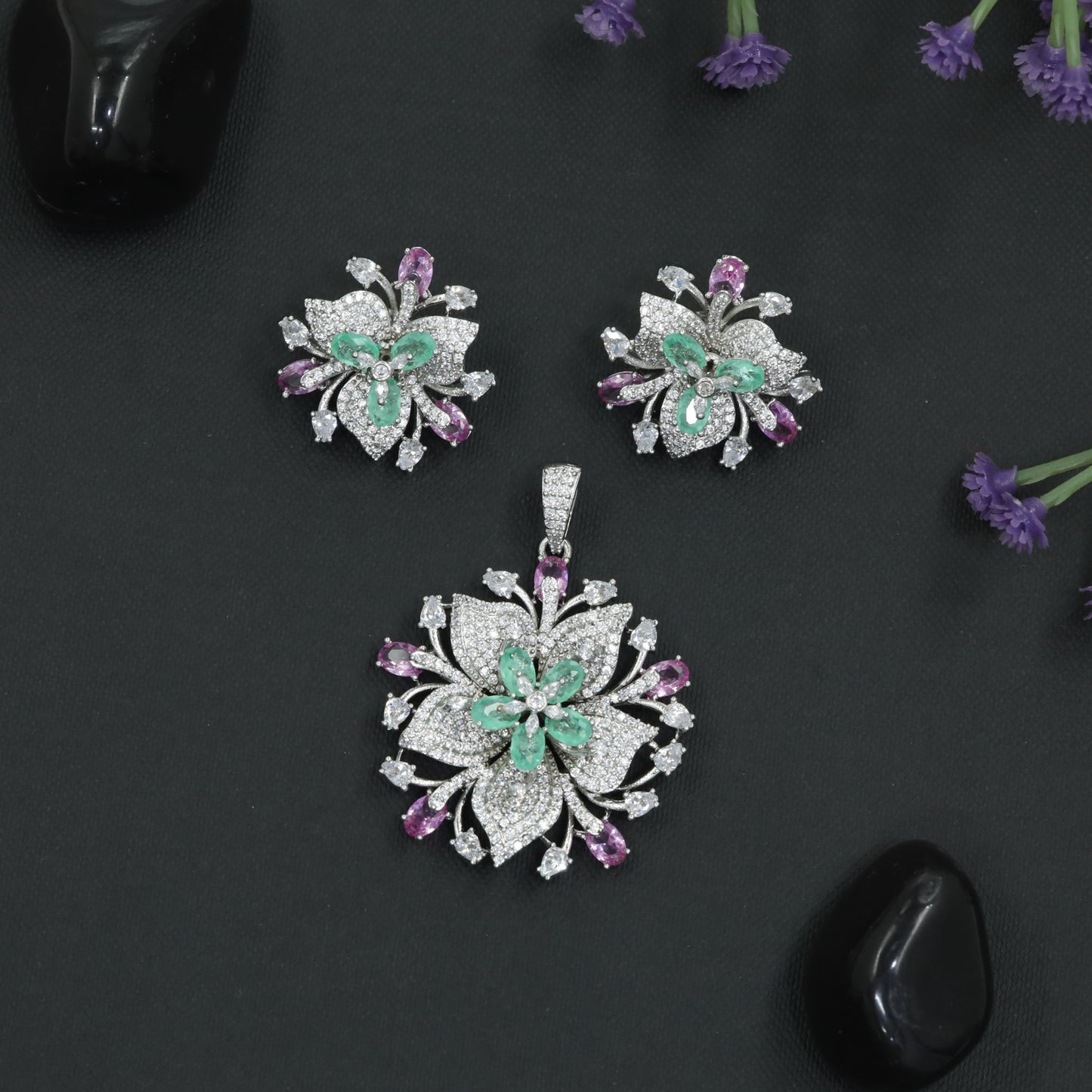 Layered Lily Bloom Pendant Set with Crystal Petal Design