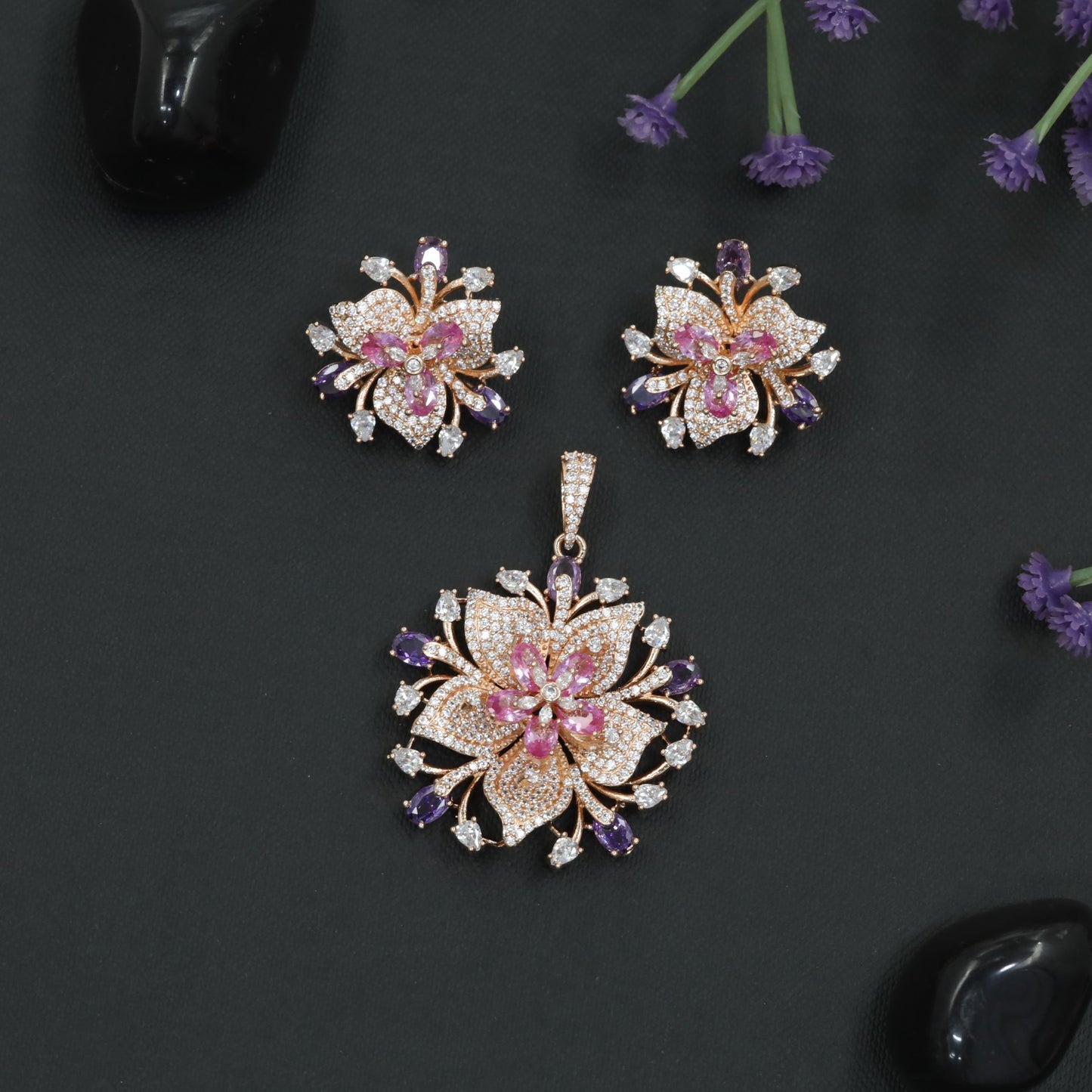 Layered Lily Bloom Pendant Set with Crystal Petal Design