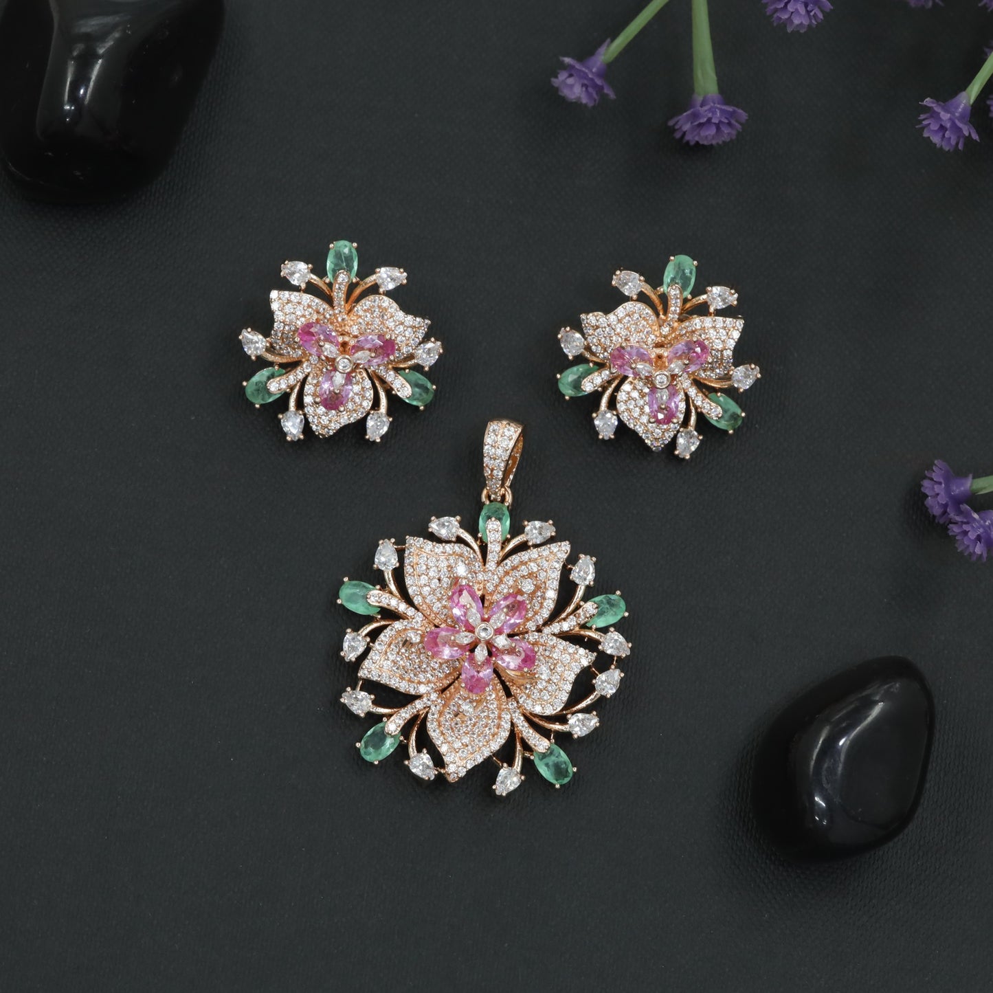 Layered Lily Bloom Pendant Set with Crystal Petal Design