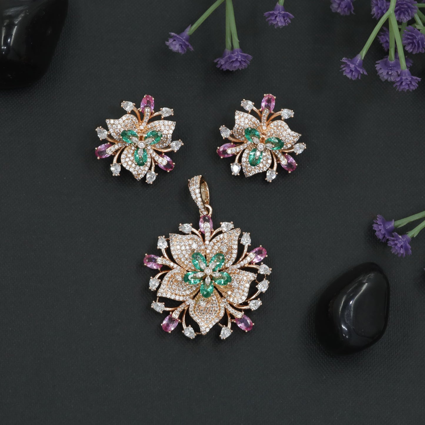 Layered Lily Bloom Pendant Set with Crystal Petal Design