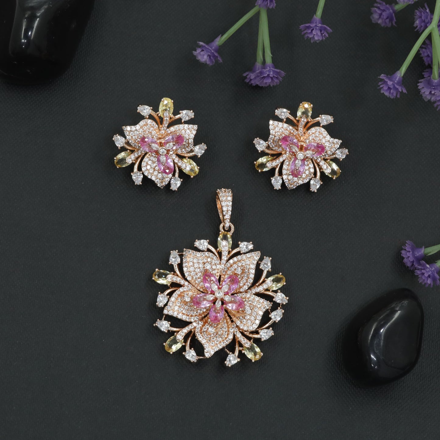 Layered Lily Bloom Pendant Set with Crystal Petal Design