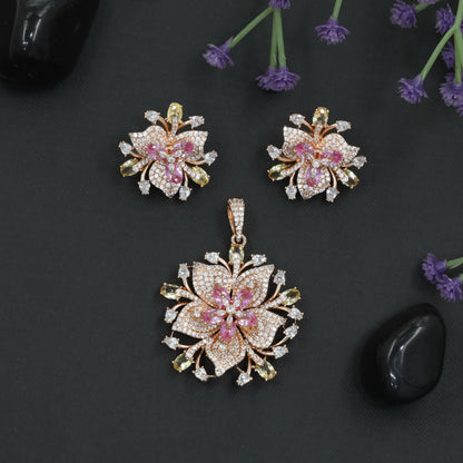 Layered Lily Bloom Pendant Set with Crystal Petal Design