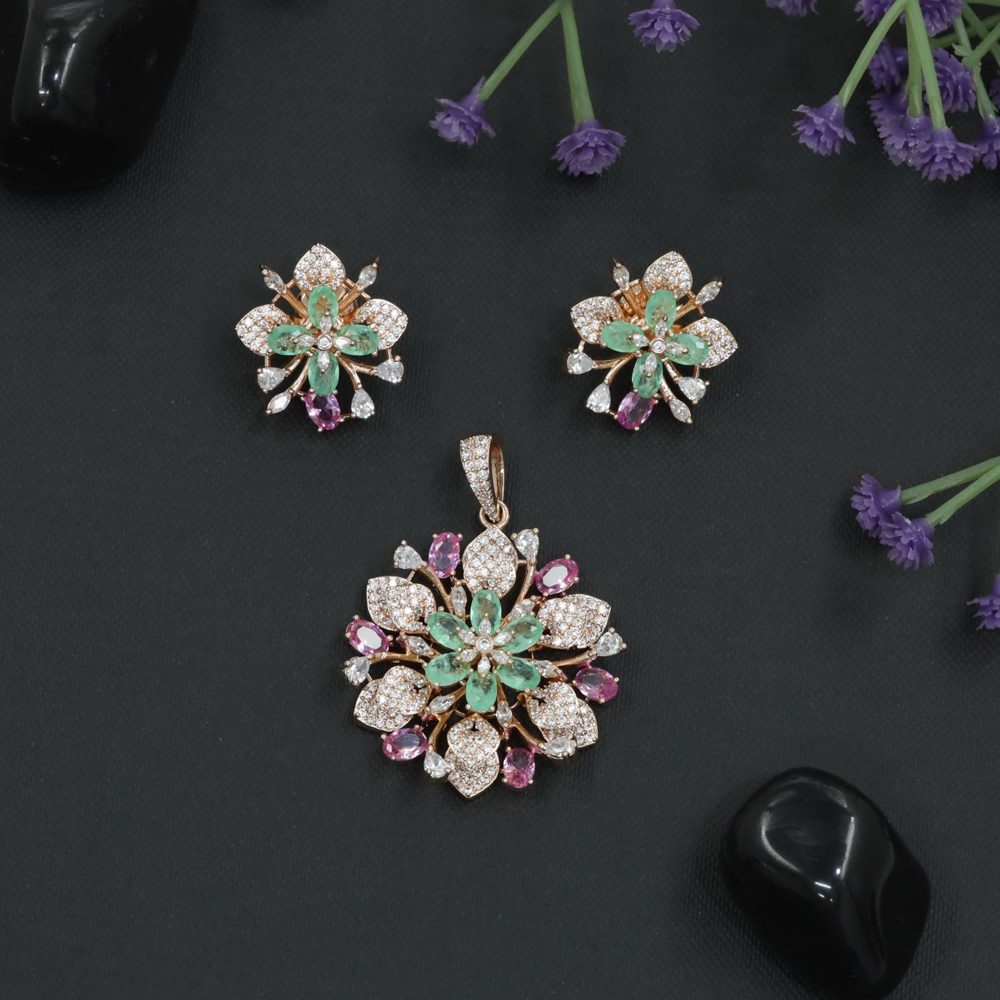 Decorative Bloom Crystal Pendant Set with Stud Earrings