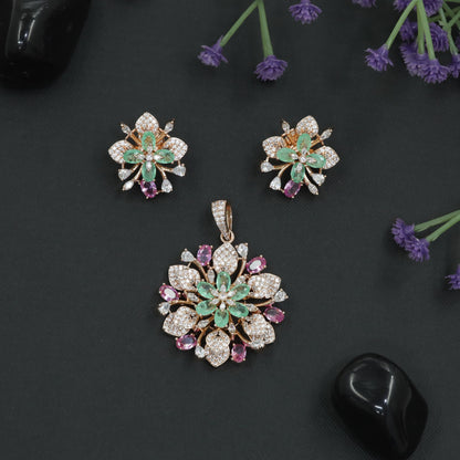 Decorative Bloom Crystal Pendant Set with Stud Earrings