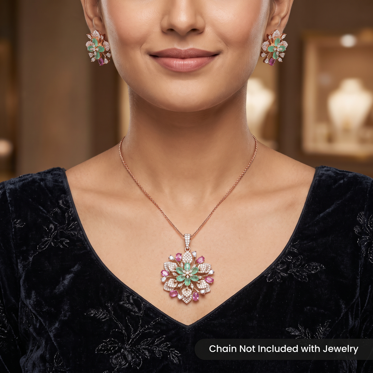 Decorative Bloom Crystal Pendant Set with Stud Earrings