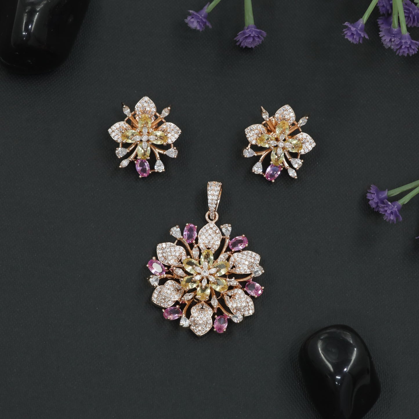 Decorative Bloom Crystal Pendant Set with Stud Earrings