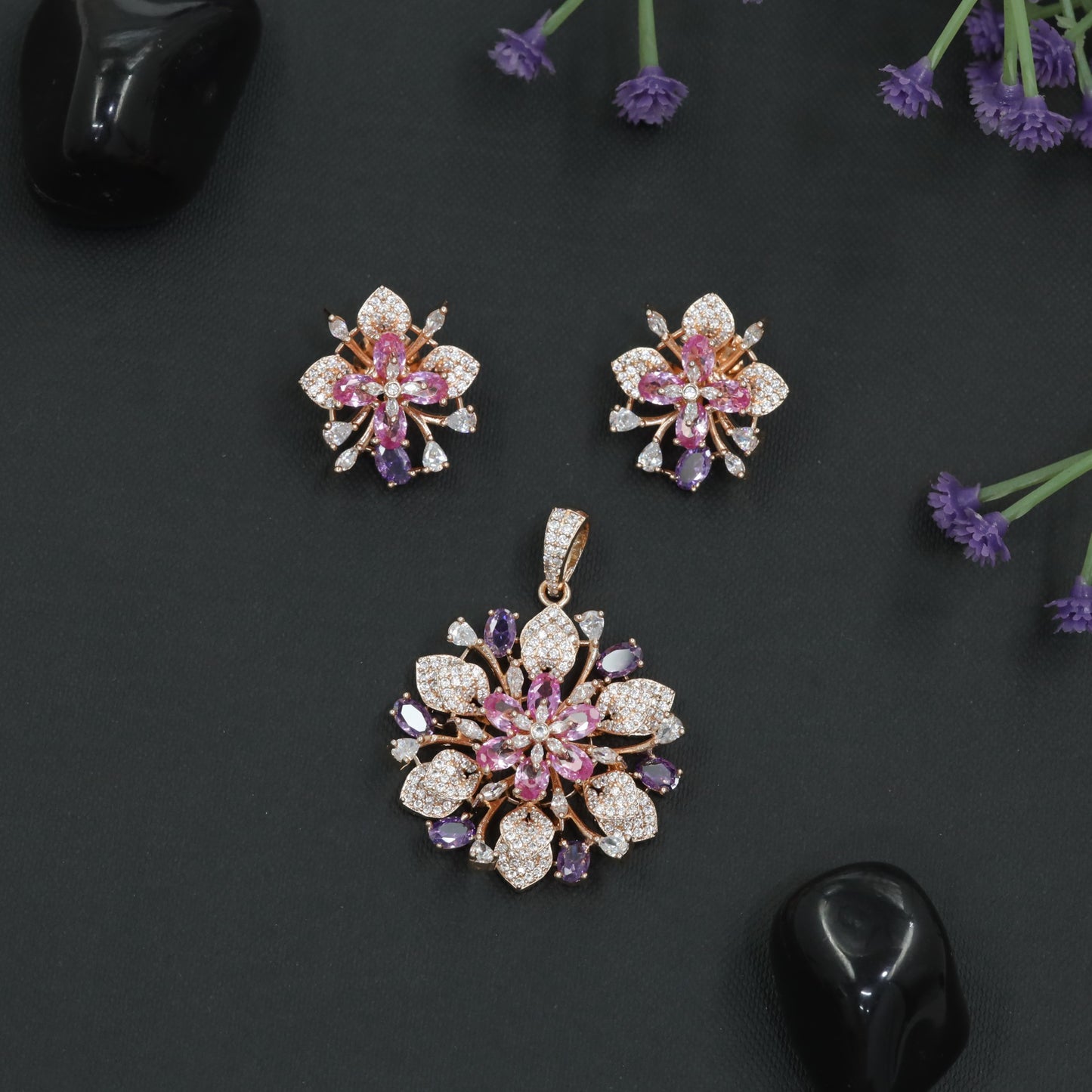 Decorative Bloom Crystal Pendant Set with Stud Earrings