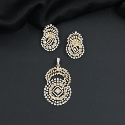 Floral halo pendant set with concentric circular detailing and matching earrings