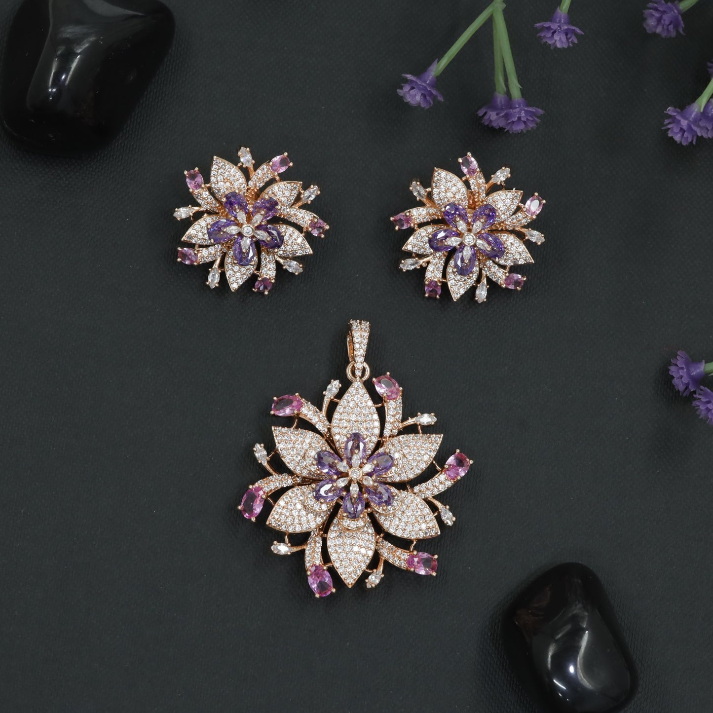 Crystal Blossom Pendant Set with Radiating Petal Arrangement