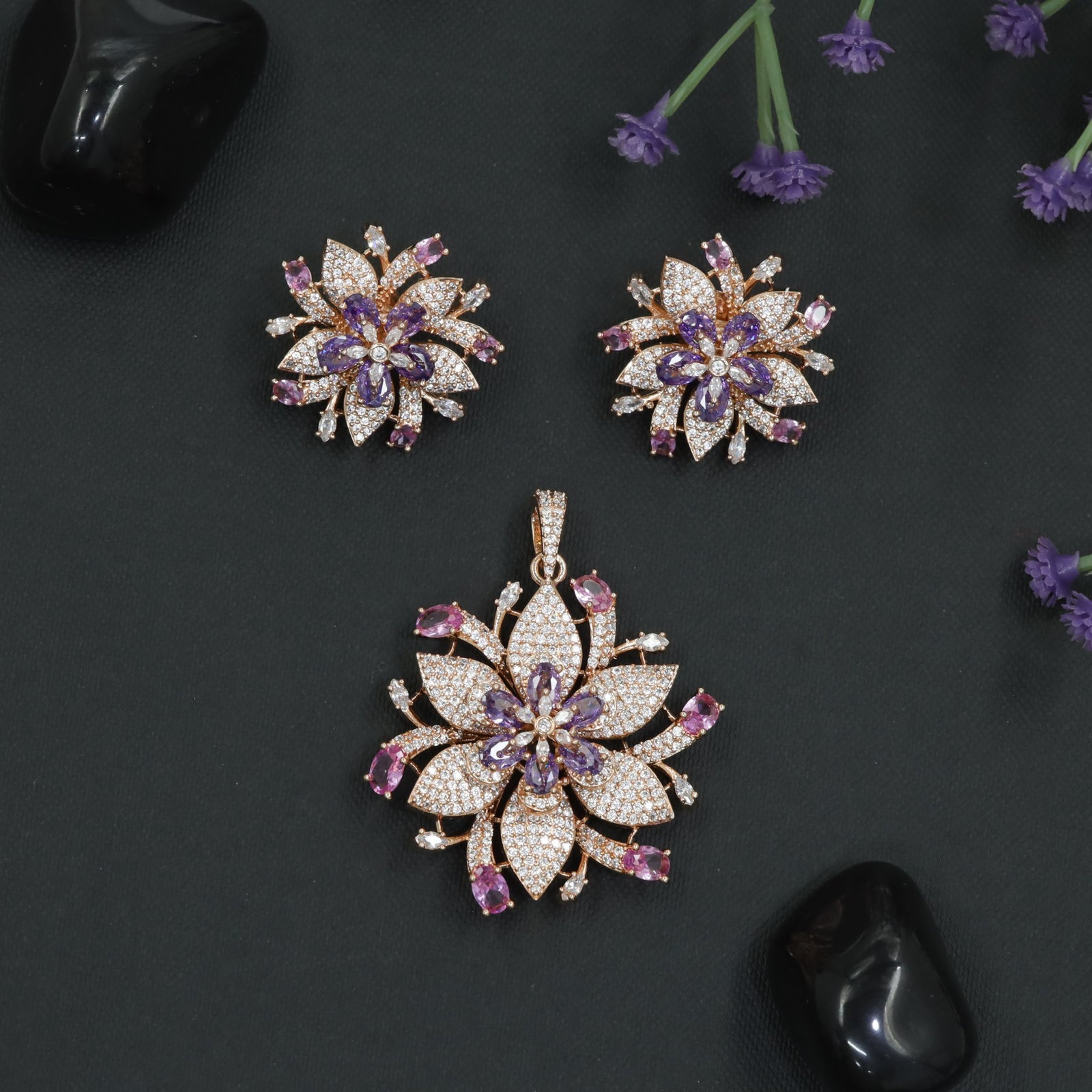 Crystal Blossom Pendant Set with Radiating Petal Arrangement