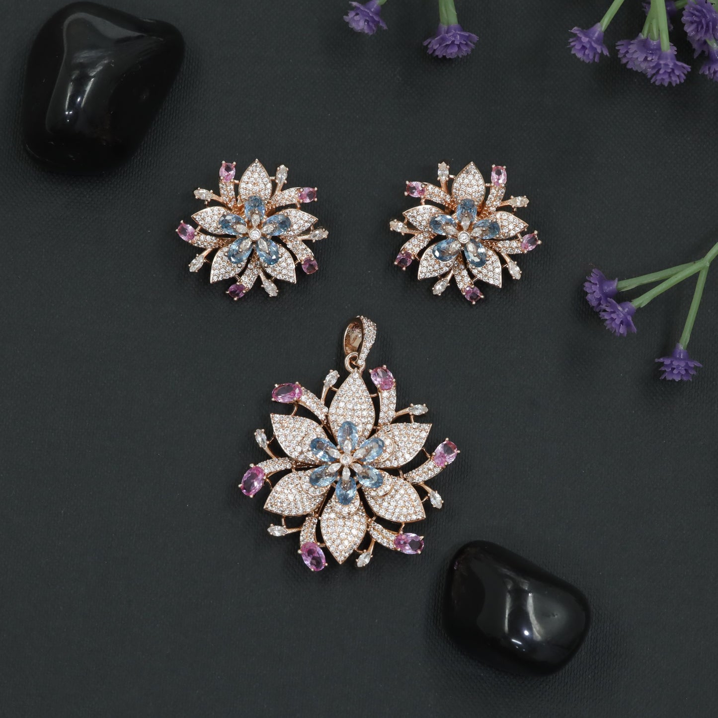 Crystal Blossom Pendant Set with Radiating Petal Arrangement
