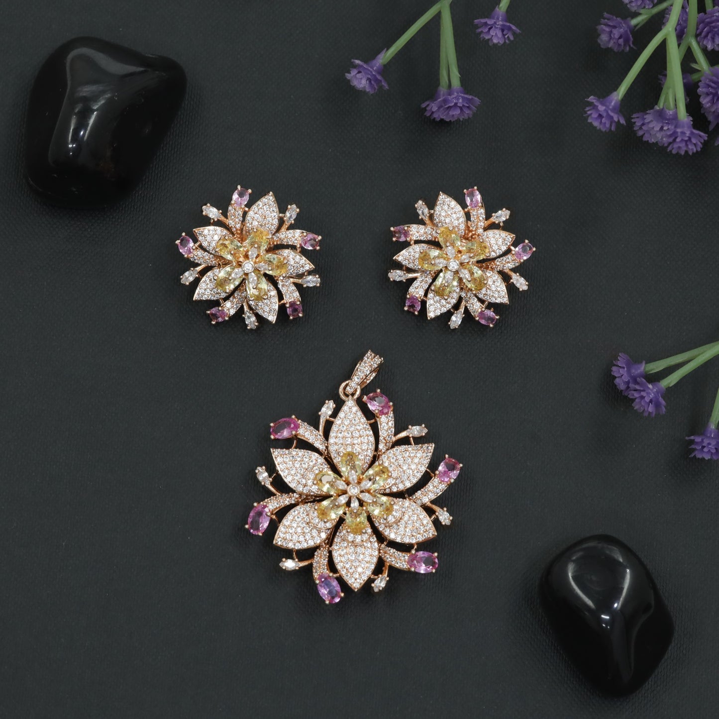 Crystal Blossom Pendant Set with Radiating Petal Arrangement