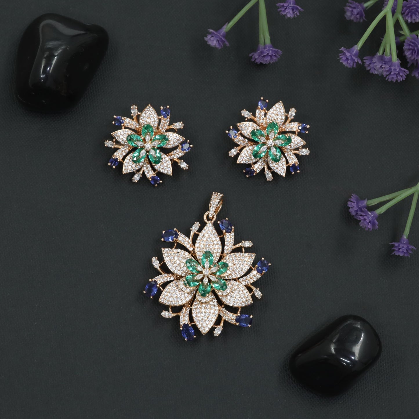 Crystal Blossom Pendant Set with Radiating Petal Arrangement