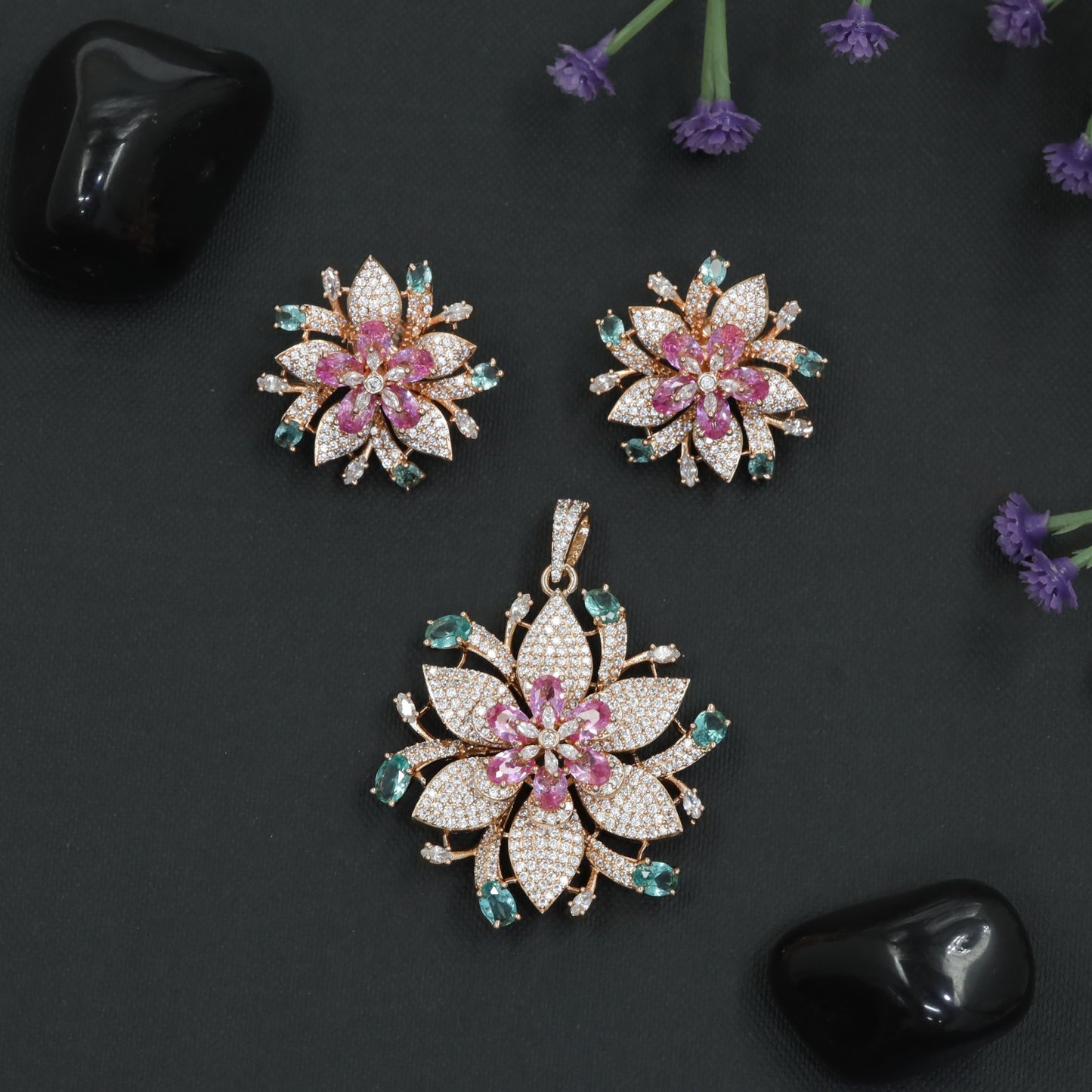 Crystal Blossom Pendant Set with Radiating Petal Arrangement