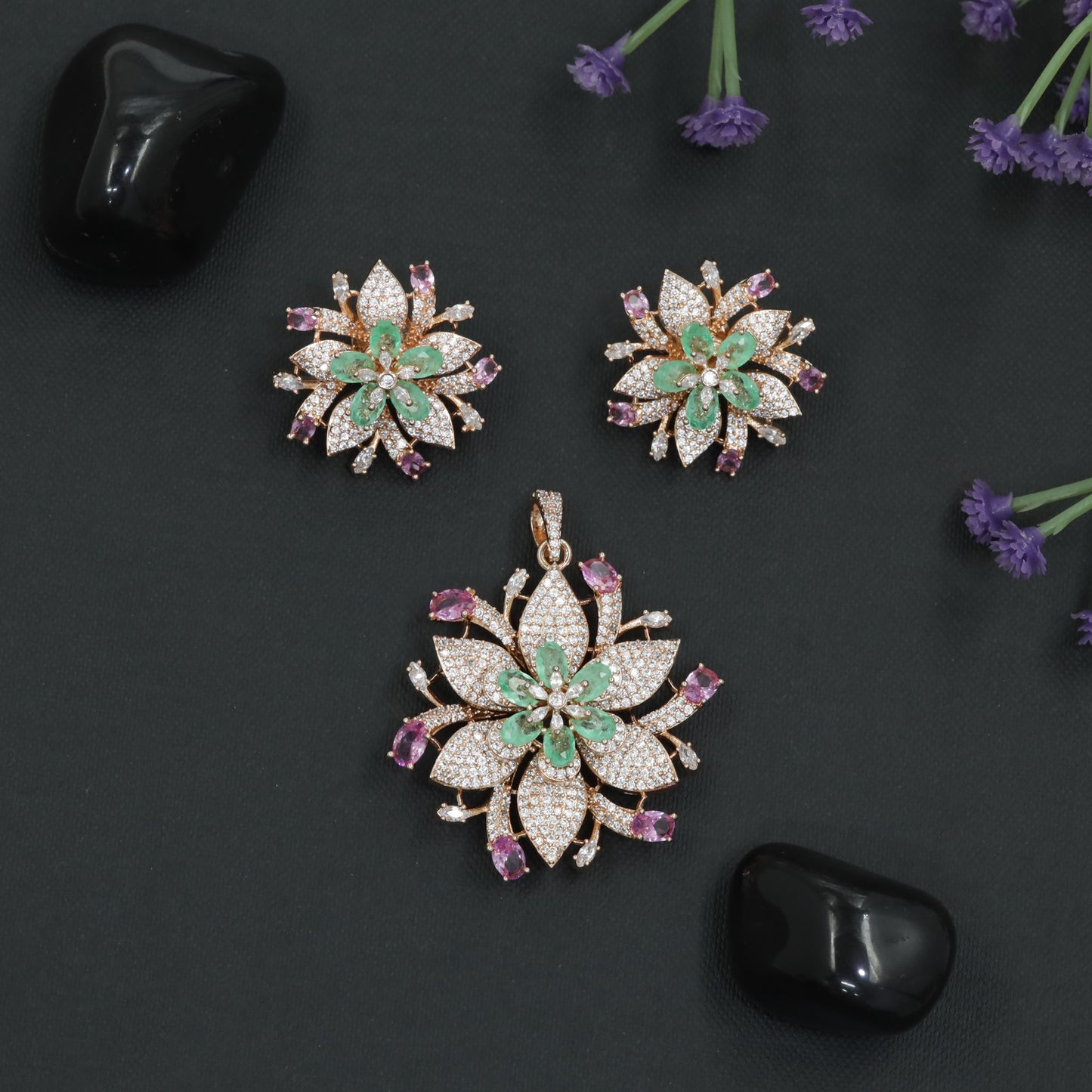 Crystal Blossom Pendant Set with Radiating Petal Arrangement