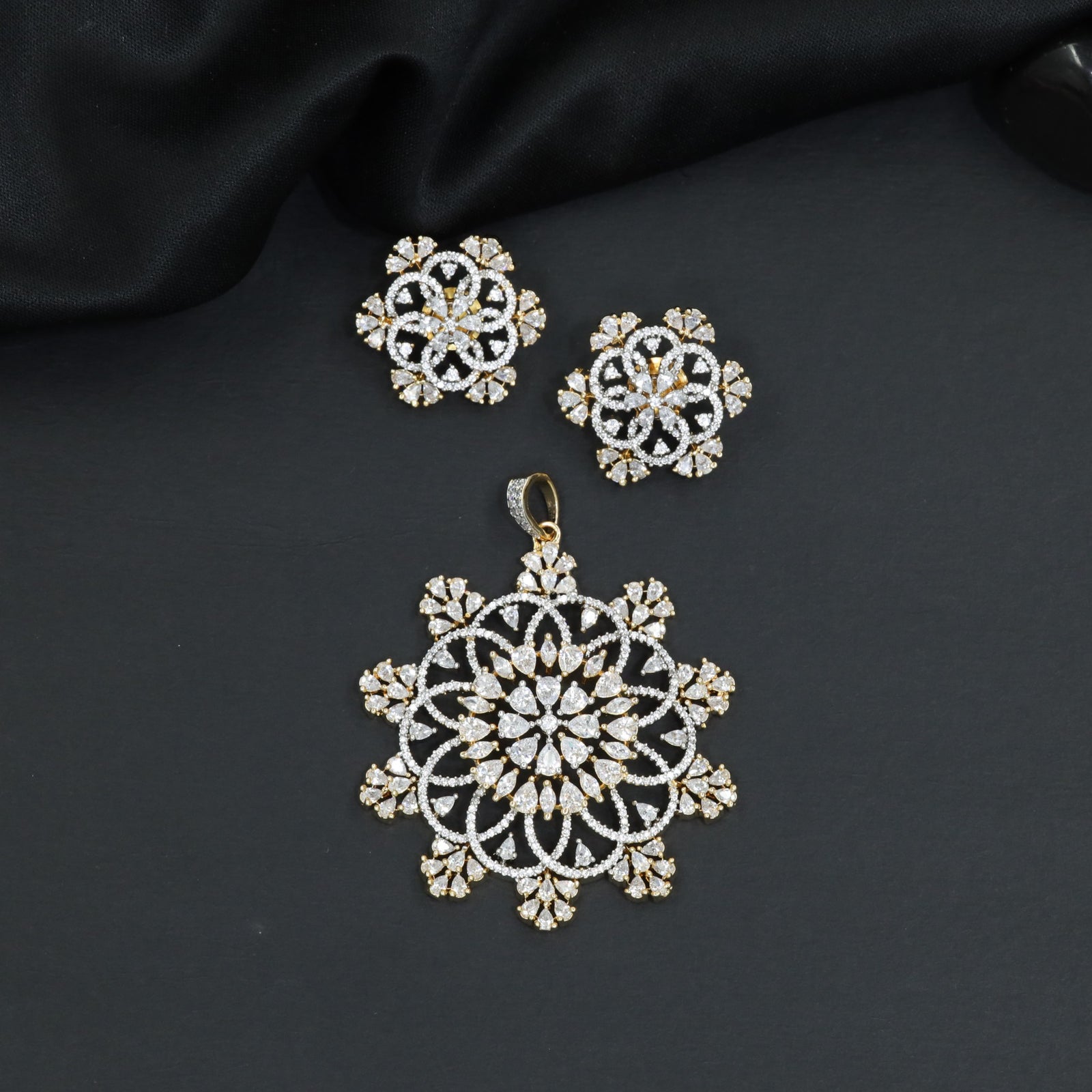 Mandala-inspired pendant set with intricate openwork pattern and floral accents