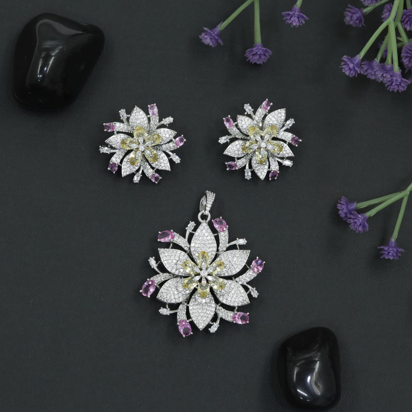 Crystal Blossom Pendant Set with Radiating Petal Arrangement