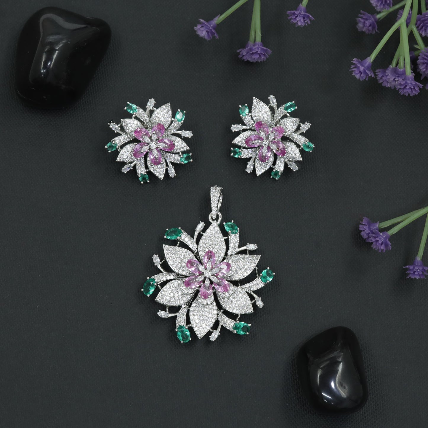 Crystal Blossom Pendant Set with Radiating Petal Arrangement