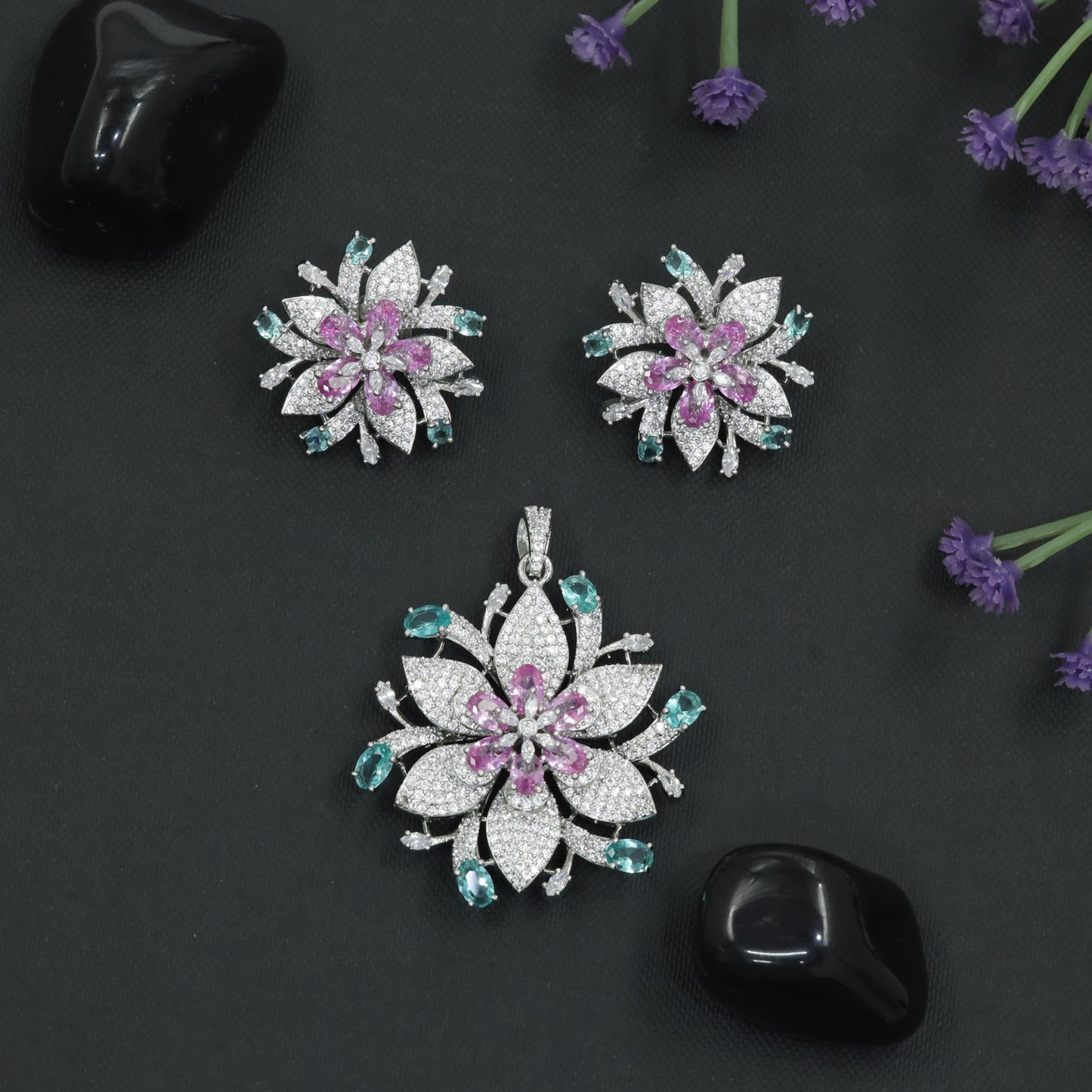 Crystal Blossom Pendant Set with Radiating Petal Arrangement