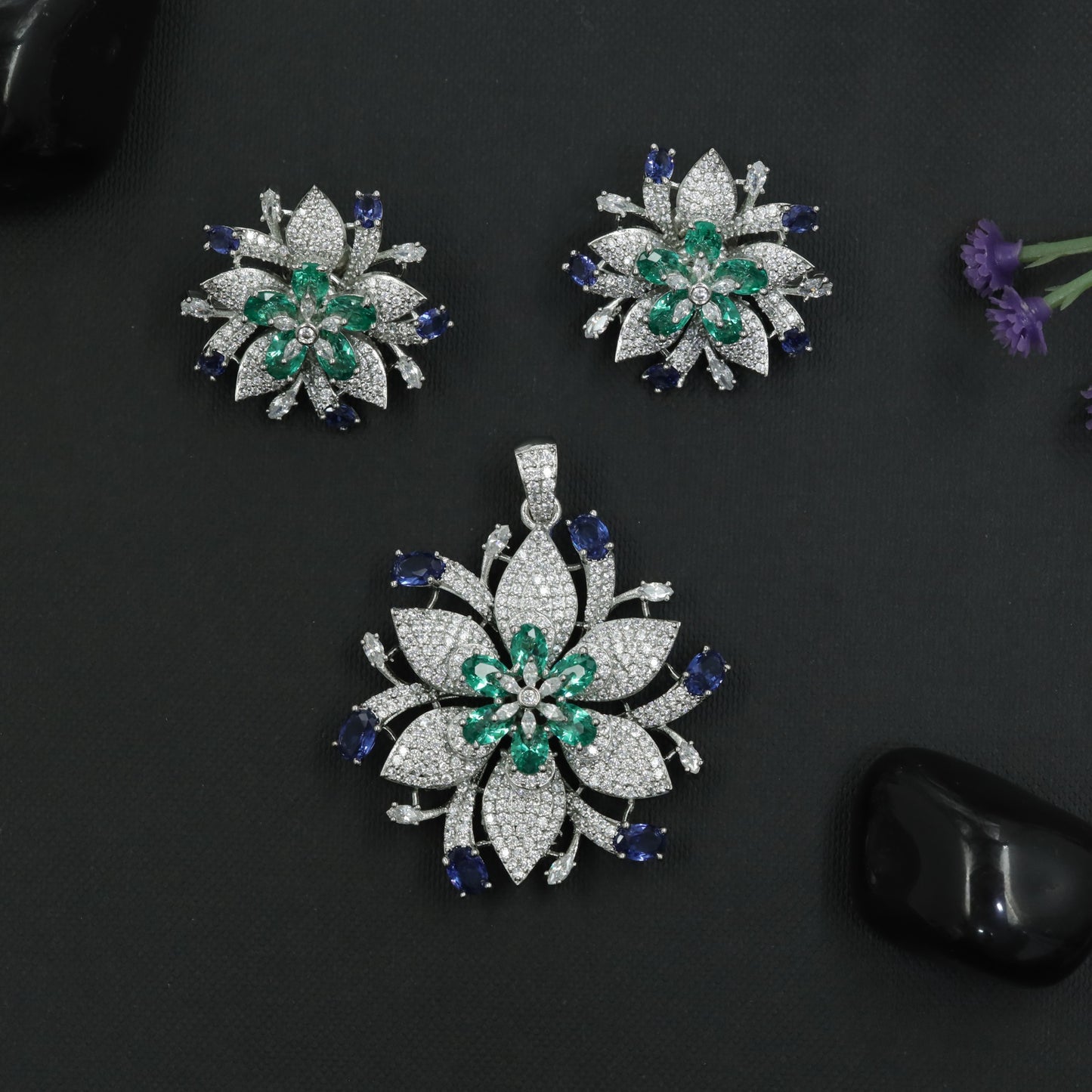 Crystal Blossom Pendant Set with Radiating Petal Arrangement