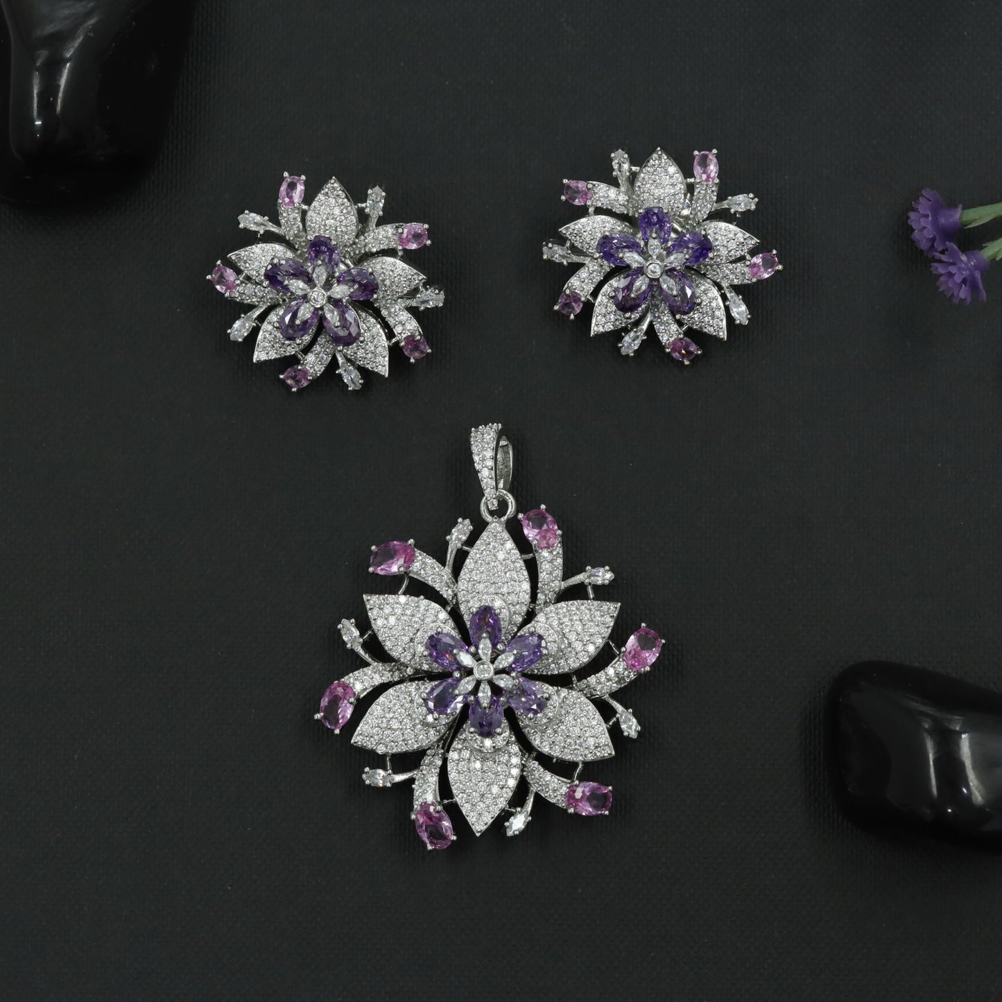 Crystal Blossom Pendant Set with Radiating Petal Arrangement