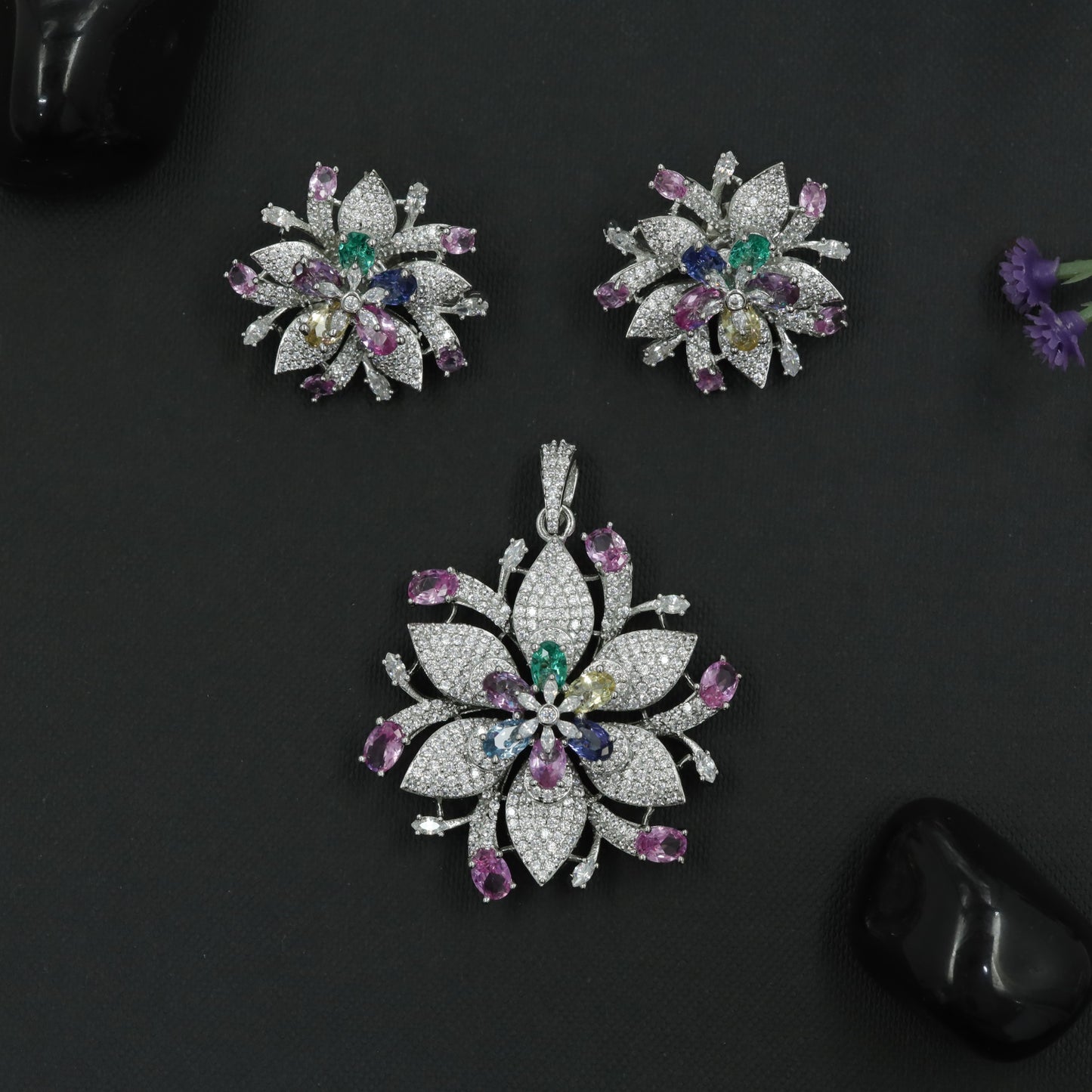 Crystal Blossom Pendant Set with Radiating Petal Arrangement