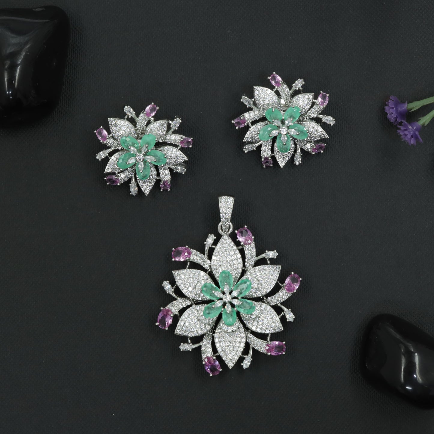 Crystal Blossom Pendant Set with Radiating Petal Arrangement