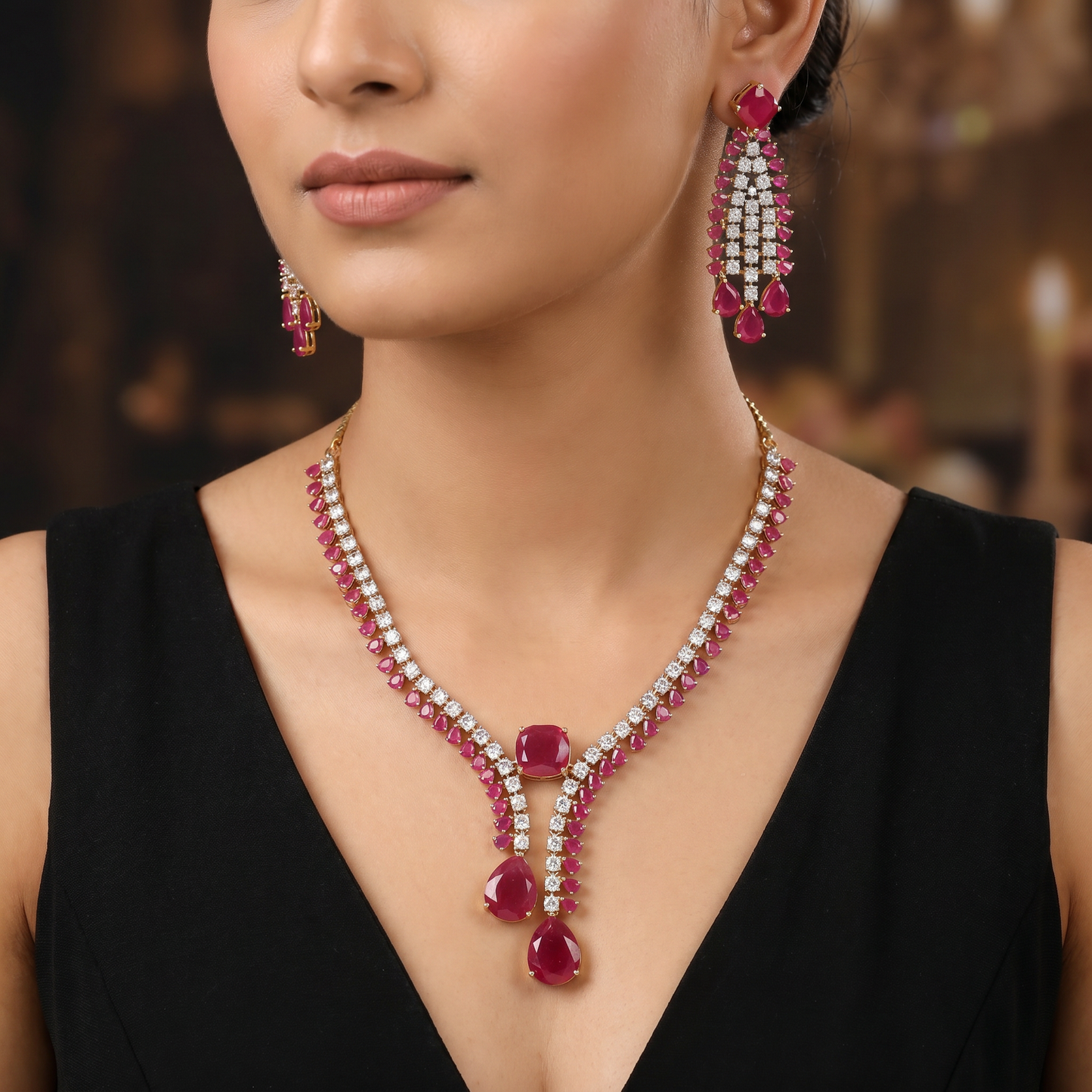 Modern sleek teardrop accent bridal Gj necklace featuring tiered stone settings