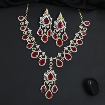 Shimmering fine pave trim festive Gj necklace set featuring matching chandelier earrings