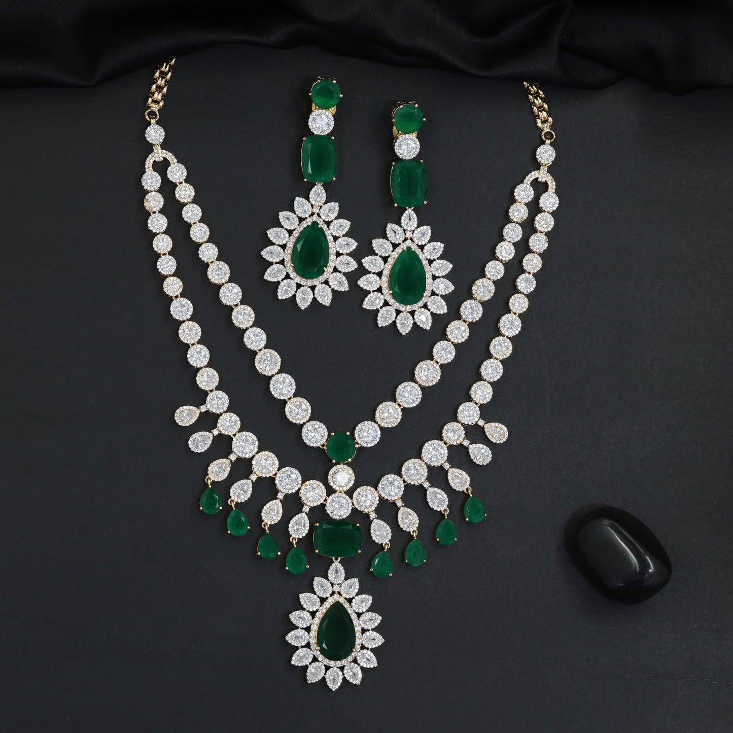 Traditional double row tennis chain bridal Gj necklace featuring a cascading focal drop