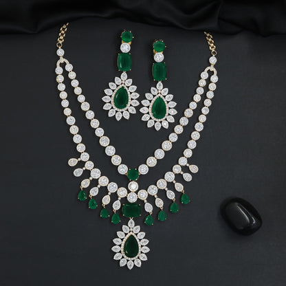 Traditional double row tennis chain bridal Gj necklace featuring a cascading focal drop