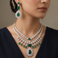 Traditional double row tennis chain bridal Gj necklace featuring a cascading focal drop