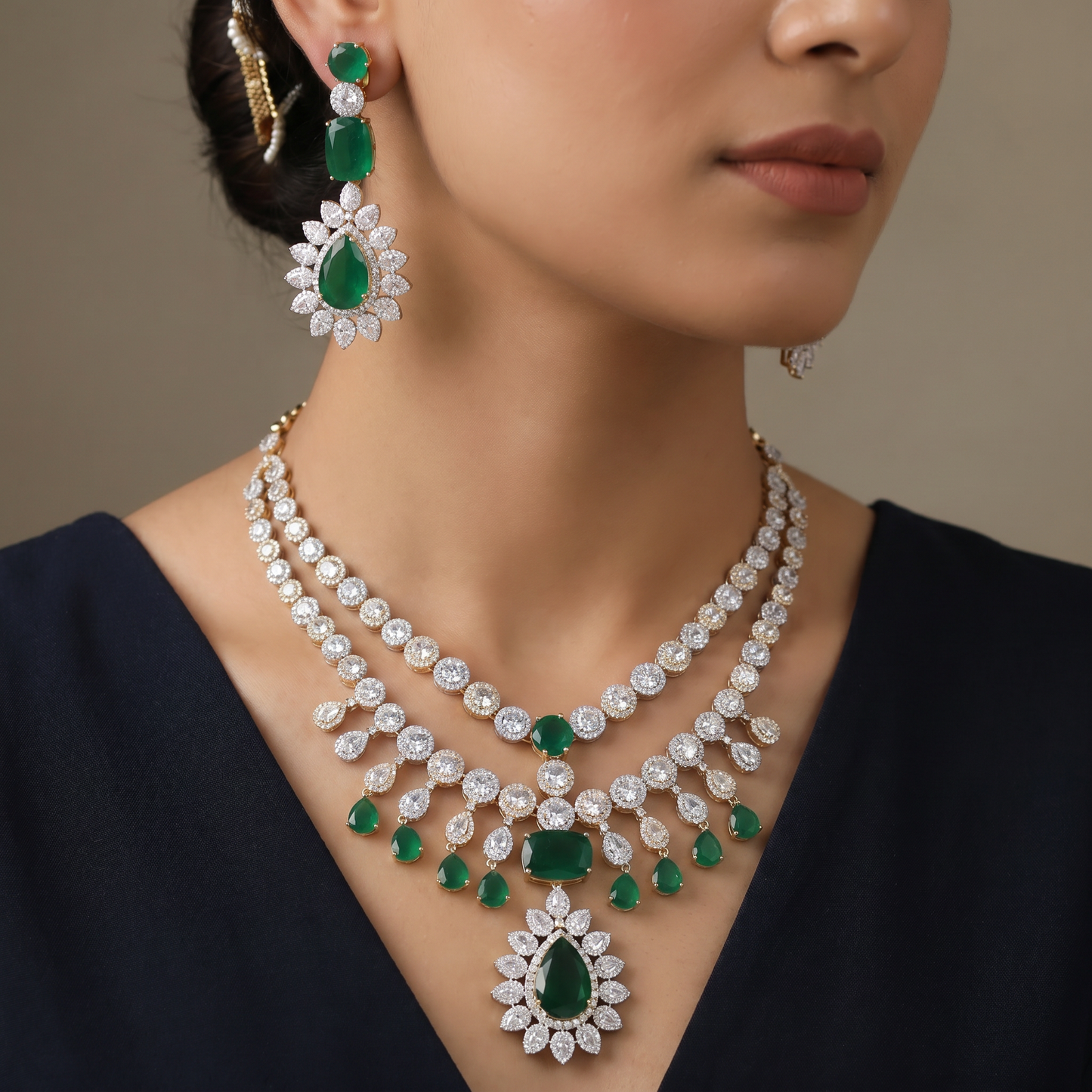 Traditional double row tennis chain bridal Gj necklace featuring a cascading focal drop