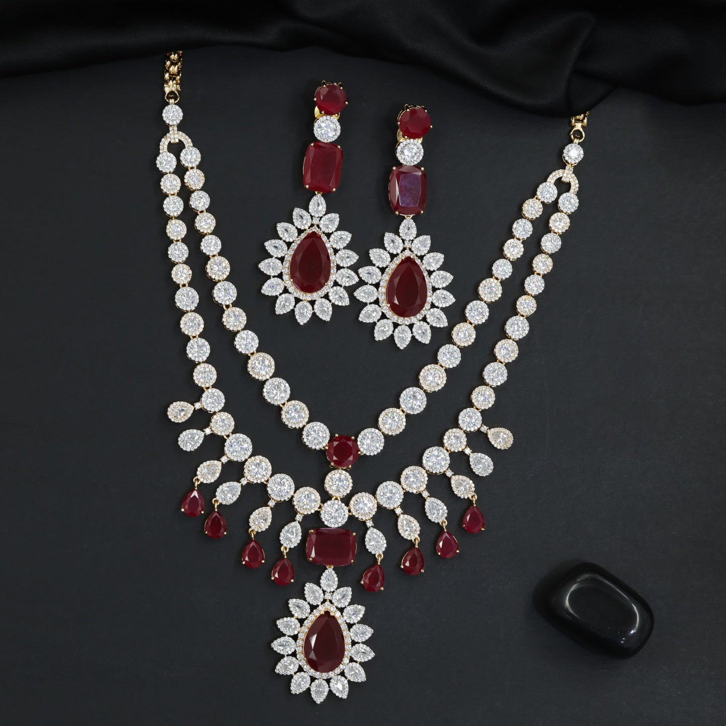 Traditional double row tennis chain bridal Gj necklace featuring a cascading focal drop