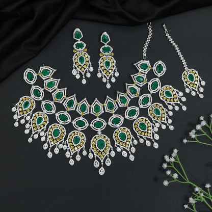 Paisley Inspired Rhodium Necklace Set with Matching Drop Earrings