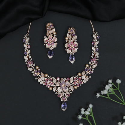 Blossom Motif Rose Gold Necklace Set with Leaf Framework