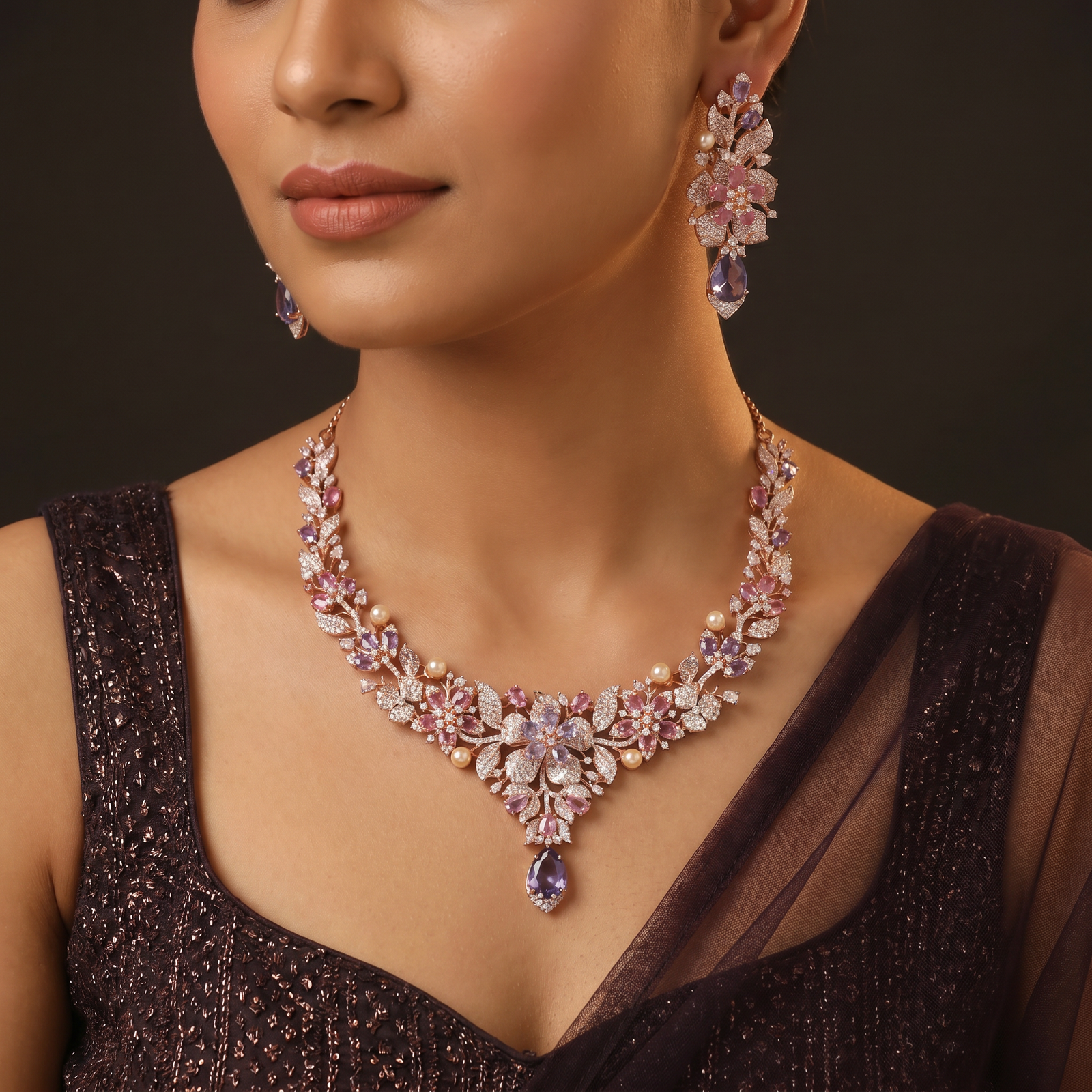 Blossom Motif Rose Gold Necklace Set with Leaf Framework